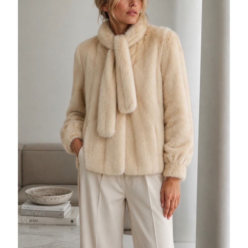 VINTAGE 70s Ivory Mink Fur Jacket with Attached Scarf Tie